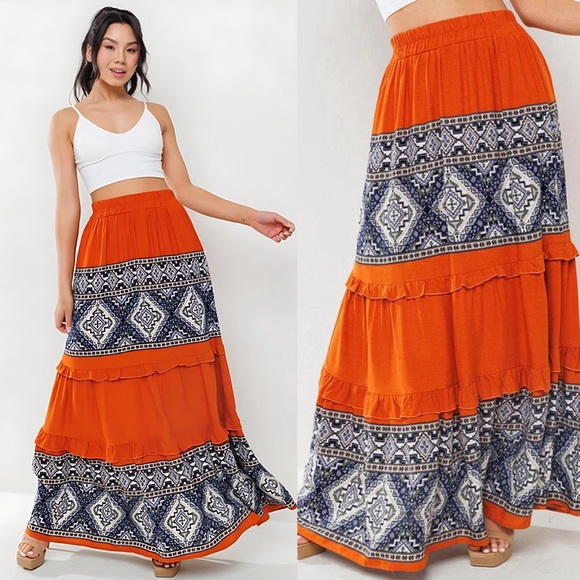 KFab Designs Dresses & Skirts - Border Print Brick and Blue Lined Tiered Maxi Skirt with Ruffles